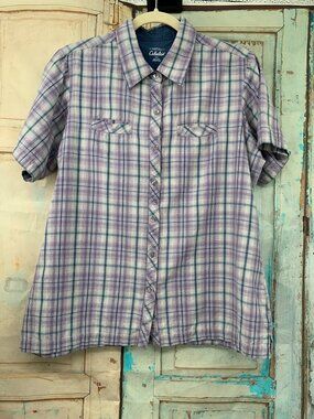 Cabelas Womens Purple Plaid Button-Up Shirt L 100% Cotton Short Sleeve Casual Li